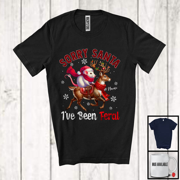 MacnyStore - Personalized Custom Name Sorry I've Been Feral; Fantastic Christmas Plaid Rat Riding Reindeer T-Shirt