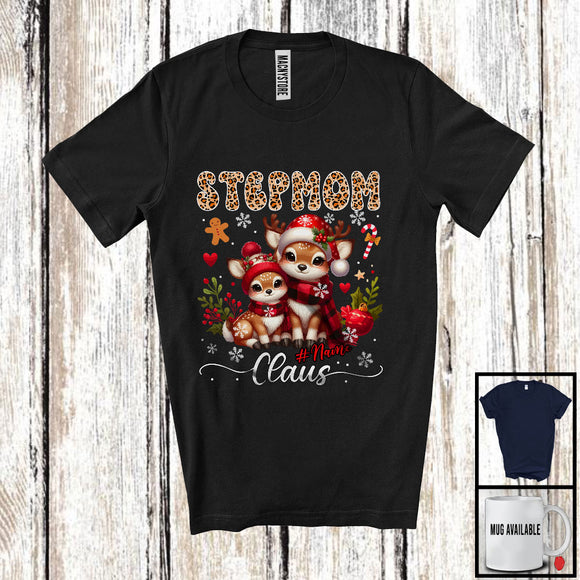 MacnyStore - Personalized Custom Name Stepmom Claus; Adorable Christmas Leopard Plaid Reindeer; Family T-Shirt