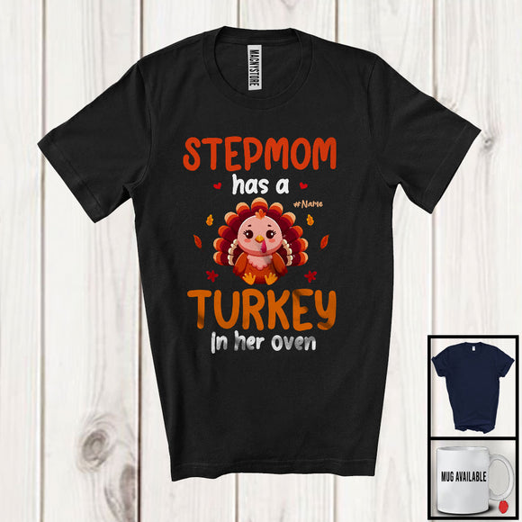 MacnyStore - Personalized Custom Name Stepmom Has A Turkey In Her Oven; Lovely Thanksgiving Pregnancy Family T-Shirt