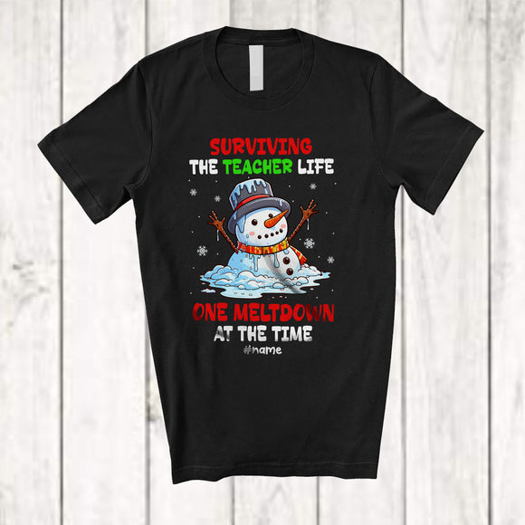 MacnyStore - Personalized Custom Name Surviving The Teacher Life Meltdown; Humorous Christmas Snowman T-Shirt