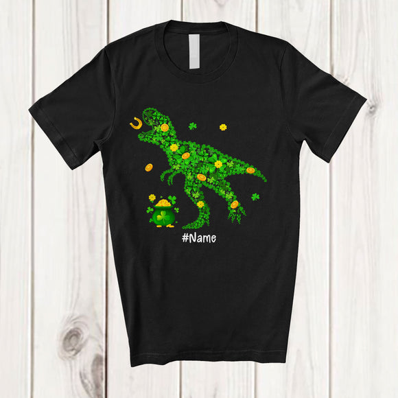 MacnyStore - Personalized Custom Name T-Rex Shape Shamrock; Adorable St. Patrick's Day Gold Pot; Dinosaur T-Shirt