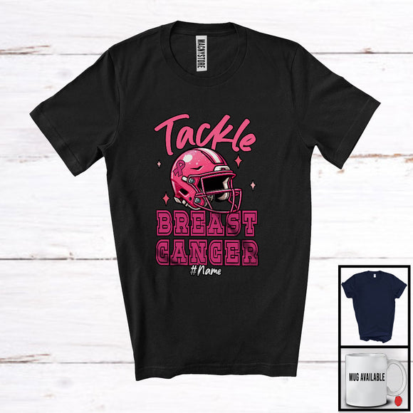 MacnyStore - Personalized Custom Name Tackle Breast Cancer; Lovely American Football Helmet Player; Pink Ribbon T-Shirt