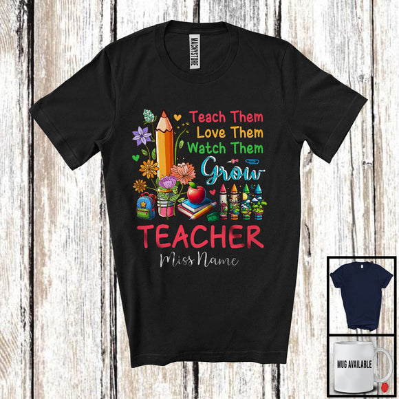 MacnyStore - Personalized Custom Name Teacher Teach Love Watch Them Grow, Lovely Flowers Pencils Group T-Shirt