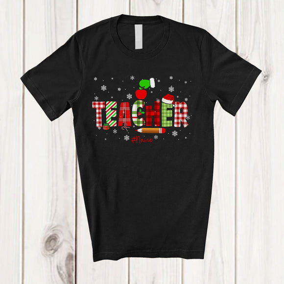 MacnyStore - Personalized Custom Name Teacher; Lovely Christmas Plaid Green Santa Hand; Teacher Squad T-Shirt