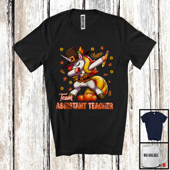 MacnyStore - Personalized Custom Name Team Assistant Teacher, Joyful Thanksgiving Dabbing Unicorn, Plaid Careers T-Shirt