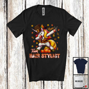 MacnyStore - Personalized Custom Name Team Hair Stylist, Joyful Thanksgiving Dabbing Unicorn, Plaid Careers T-Shirt