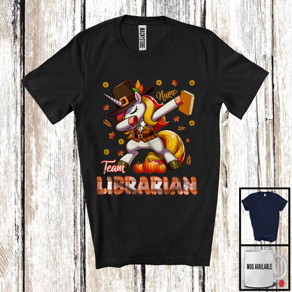 MacnyStore - Personalized Custom Name Team Librarian, Joyful Thanksgiving Dabbing Unicorn, Plaid Careers T-Shirt