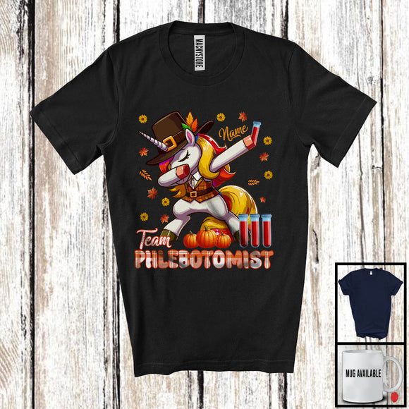 MacnyStore - Personalized Custom Name Team Phlebotomist, Joyful Thanksgiving Dabbing Unicorn, Plaid Careers T-Shirt