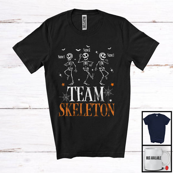 MacnyStore - Personalized Custom Name Team Skeleton; Lovely Halloween Three Dancing Skeleton Squad; Family Group T-Shirt