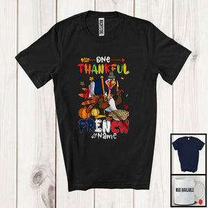 MacnyStore - Personalized Custom Name Thankful French; Proud Thanksgiving Turkey With French Flag; Family T-Shirt