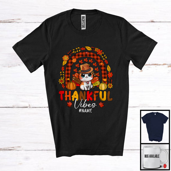 MacnyStore - Personalized Custom Name Thankful Vibes; Lovely Thanksgiving Cat Turkey Pilgrim; Rainbow T-Shirt