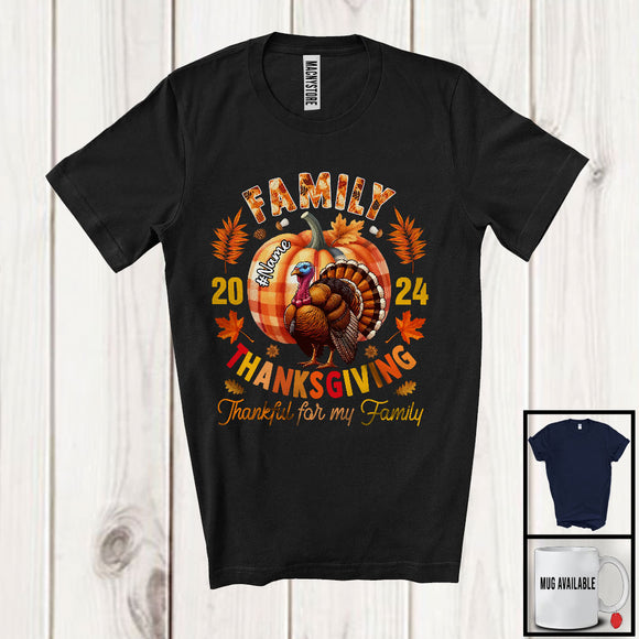 MacnyStore - Personalized Custom Name Thanksgiving 2024 Thankful For My Family; Lovely Plaid Pumpkin Turkey T-Shirt