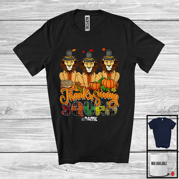 MacnyStore - Personalized Custom Name Thanksgiving Squad; Happy Plaid Three Pilgrim Lions; Animal T-Shirt