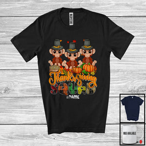 MacnyStore - Personalized Custom Name Thanksgiving Squad; Happy Plaid Three Pilgrim Monkeys, Animal T-Shirt