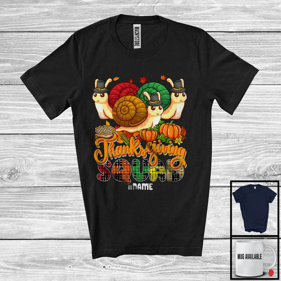 MacnyStore - Personalized Custom Name Thanksgiving Squad; Happy Plaid Three Pilgrim Snails; Animal T-Shirt