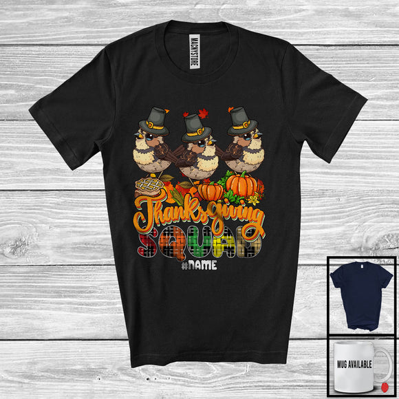 MacnyStore - Personalized Custom Name Thanksgiving Squad; Happy Plaid Three Pilgrim Sparrows; Animal T-Shirt