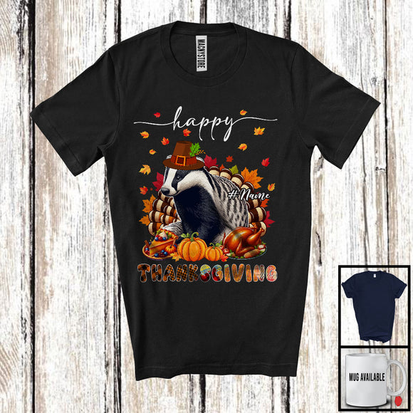 MacnyStore - Personalized Custom Name Thanksgiving; Adorable Badger Plaid Turkey Pumpkin; Wild Animal T-Shirt