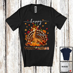 MacnyStore - Personalized Custom Name Thanksgiving; Adorable Giraffe Plaid Turkey Pumpkin; Wild Animal T-Shirt