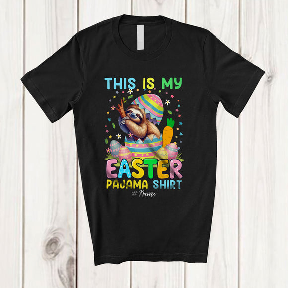 MacnyStore - Personalized Custom Name This Is My Easter Pajama Shirt; Lovely Sloth In Broken Easter Egg T-Shirt