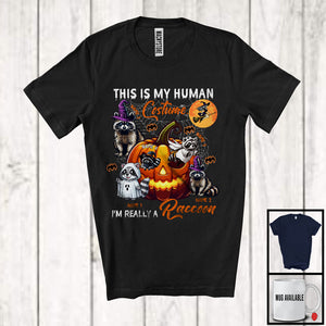 MacnyStore - Personalized Custom Name This Is My Human Costume Raccoon, Humorous Halloween Raccoon Pumpkin T-Shirt