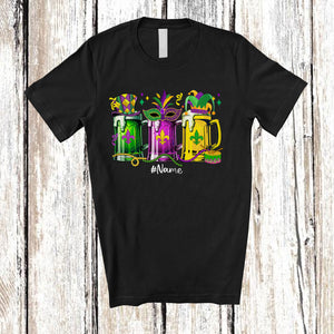 MacnyStore - Personalized Custom Name Three Beer Glasses; Joyful Mardi Gras Masked; Drinking Drunker T-Shirt