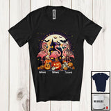 MacnyStore - Personalized Custom Name Three Birds Flamingo In Pumpkins, Creepy Halloween Zombie Witch Mummy T-Shirt