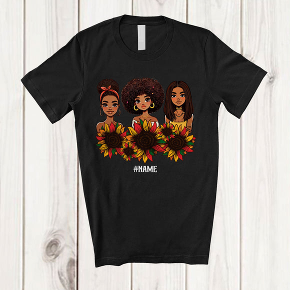 MacnyStore - Personalized Custom Name Three Black Afro Women; Lovely Black History Month Sunflower; African T-Shirt