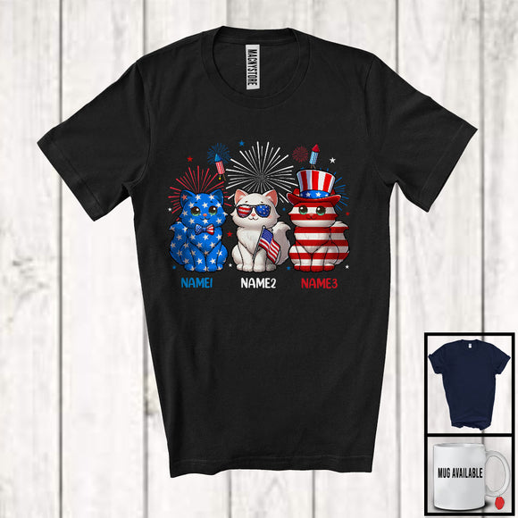 MacnyStore - Personalized Custom Name Three Blue Red White Cat, Adorable 4th Of July USA Flag Patriotic T-Shirt