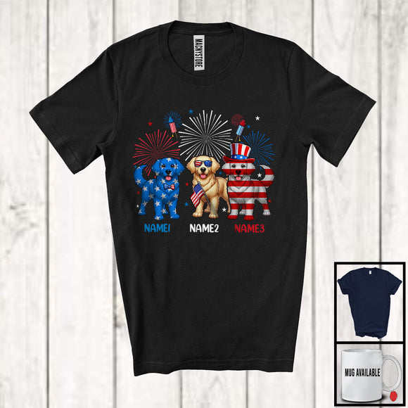 MacnyStore - Personalized Custom Name Three Blue Red White Golden Retriever, Adorable 4th Of July USA Flag Patriotic T-Shirt