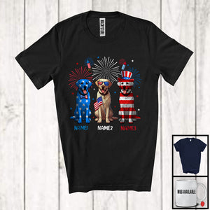 MacnyStore - Personalized Custom Name Three Blue Red White Labrador Retriever, Adorable 4th Of July USA Flag Patriotic T-Shirt