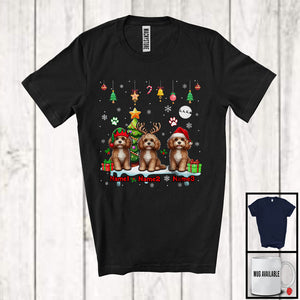 MacnyStore - Personalized Custom Name Three Elf Santa Cavapoo Snowing; Joyful Christmas Tree Animal T-Shirt