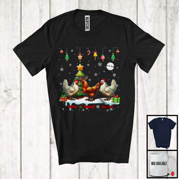 MacnyStore - Personalized Custom Name Three Elf Santa Chicken Snowing; Joyful Christmas Tree Animal T-Shirt