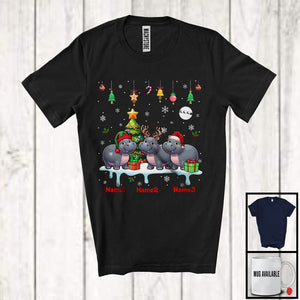 MacnyStore - Personalized Custom Name Three Elf Santa Hippo Snowing; Joyful Christmas Tree Animal T-Shirt