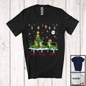 MacnyStore - Personalized Custom Name Three Elf Santa Lizard Snowing; Joyful Christmas Tree Animal T-Shirt