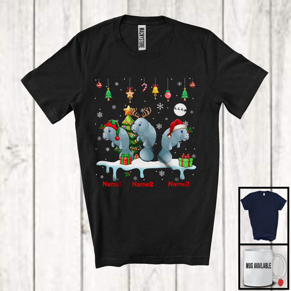 MacnyStore - Personalized Custom Name Three Elf Santa Manatee Snowing; Joyful Christmas Tree Animal T-Shirt