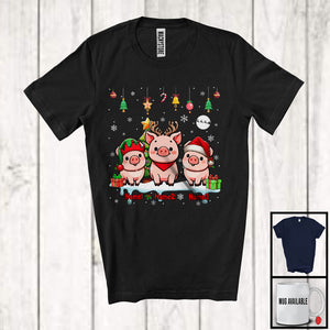 MacnyStore - Personalized Custom Name Three Elf Santa Pig Snowing; Joyful Christmas Tree Animal T-Shirt