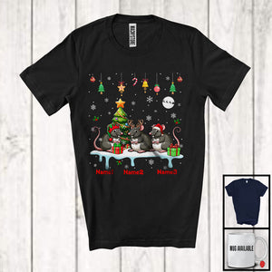 MacnyStore - Personalized Custom Name Three Elf Santa Rat Snowing; Joyful Christmas Tree Animal T-Shirt