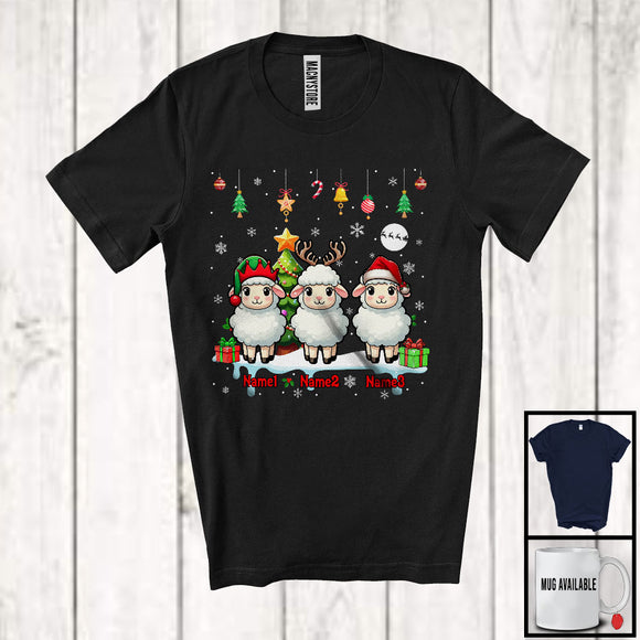 MacnyStore - Personalized Custom Name Three Elf Santa Sheep Snowing; Joyful Christmas Tree Animal T-Shirt