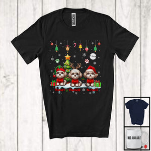 MacnyStore - Personalized Custom Name Three Elf Santa Shih Poo Snowing; Joyful Christmas Tree Animal T-Shirt