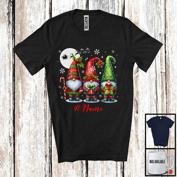 MacnyStore - Personalized Custom Name Three Gnomes Squad; Awesome Christmas Moon Snowing; Family T-Shirt