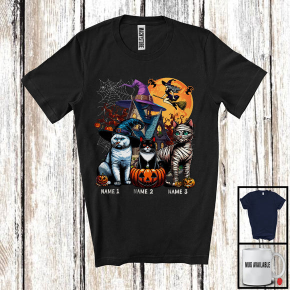 MacnyStore - Personalized Custom Name Three Mummy Witch Cat, Scary Halloween Animal Lover, Pumpkin T-Shirt