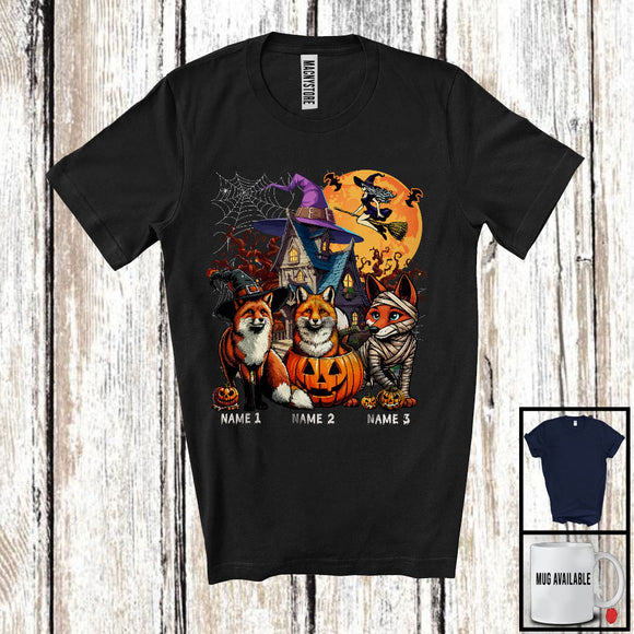 MacnyStore - Personalized Custom Name Three Mummy Witch Fox, Scary Halloween Animal Lover, Pumpkin T-Shirt