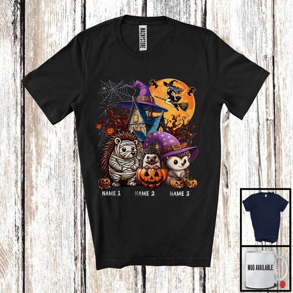 MacnyStore - Personalized Custom Name Three Mummy Witch Hedgehog, Scary Halloween Animal Lover, Pumpkin T-Shirt