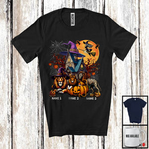 MacnyStore - Personalized Custom Name Three Mummy Witch Lion, Scary Halloween Animal Lover, Pumpkin T-Shirt