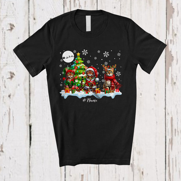 MacnyStore - Personalized Custom Name Three Russian Bengal Cats Snowing; Fantastic Christmas Tree Cat Owner T-Shirt