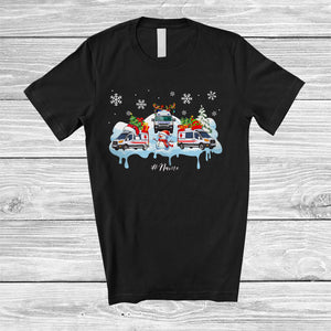 MacnyStore - Personalized Custom Name Three Santa Elf Ambulance With Snowman; Joyful Christmas Snow Driver T-Shirt