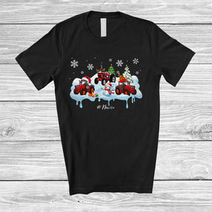 MacnyStore - Personalized Custom Name Three Santa Elf Tractor With Snowman; Joyful Christmas Snow Driver T-Shirt