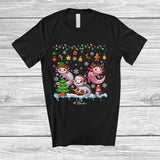 MacnyStore - Personalized Custom Name Three Santa Reindeer Elf Axolotls; Amusing Christmas Tree Lights Animal T-Shirt