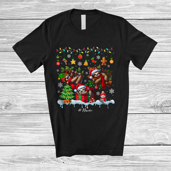 MacnyStore - Personalized Custom Name Three Santa Reindeer Elf Sloths; Amusing Christmas Tree Lights Animal T-Shirt