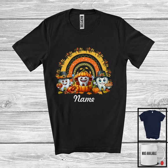 MacnyStore - Personalized Custom Name Three Teeth Squad; Lovely Thanksgiving Dentist Dental Rainbow T-Shirt